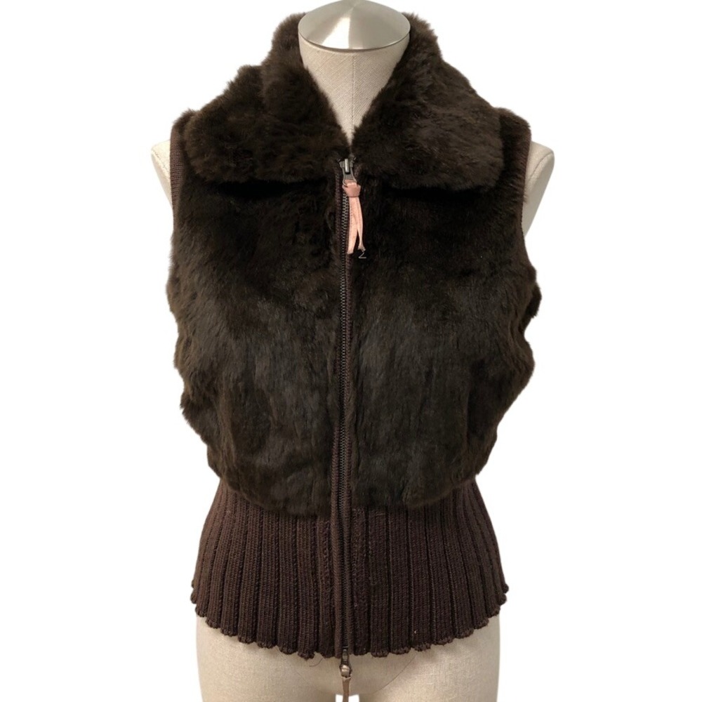 June Rabbit Fur Vest Womens Medium Brown Ribbed Knit Zip Up Luxury